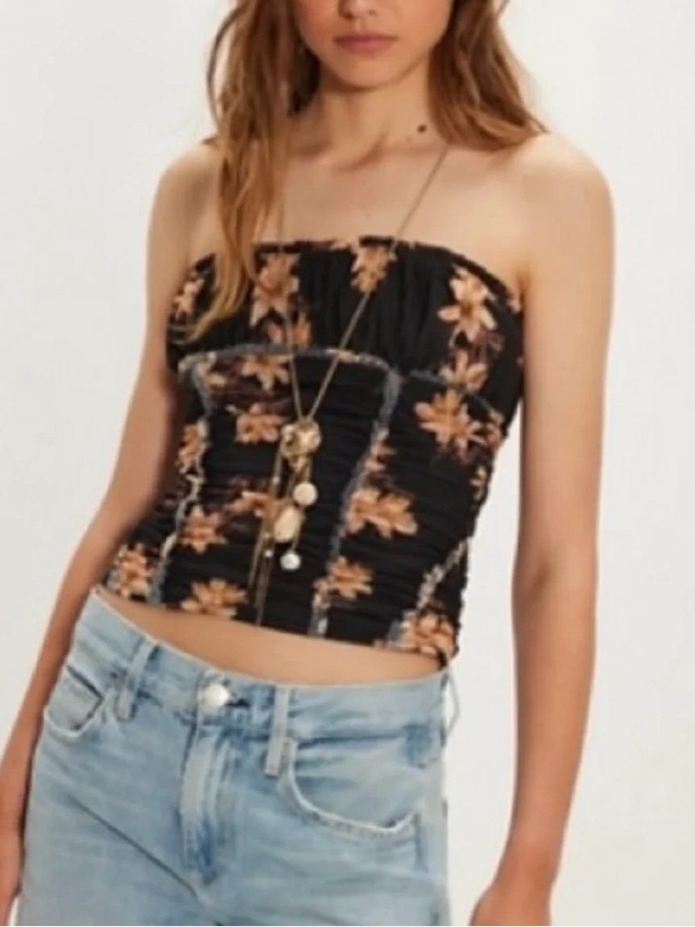 Free People Floral Strapless Ruched Crop Top